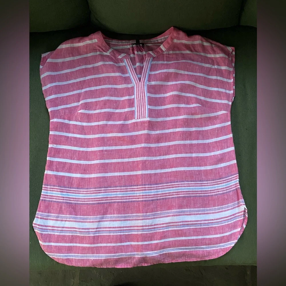 Talbots Linen Popover Top Pink Stripe Short Sleeve V Neck; Size: Medium - Picture 8 of 9